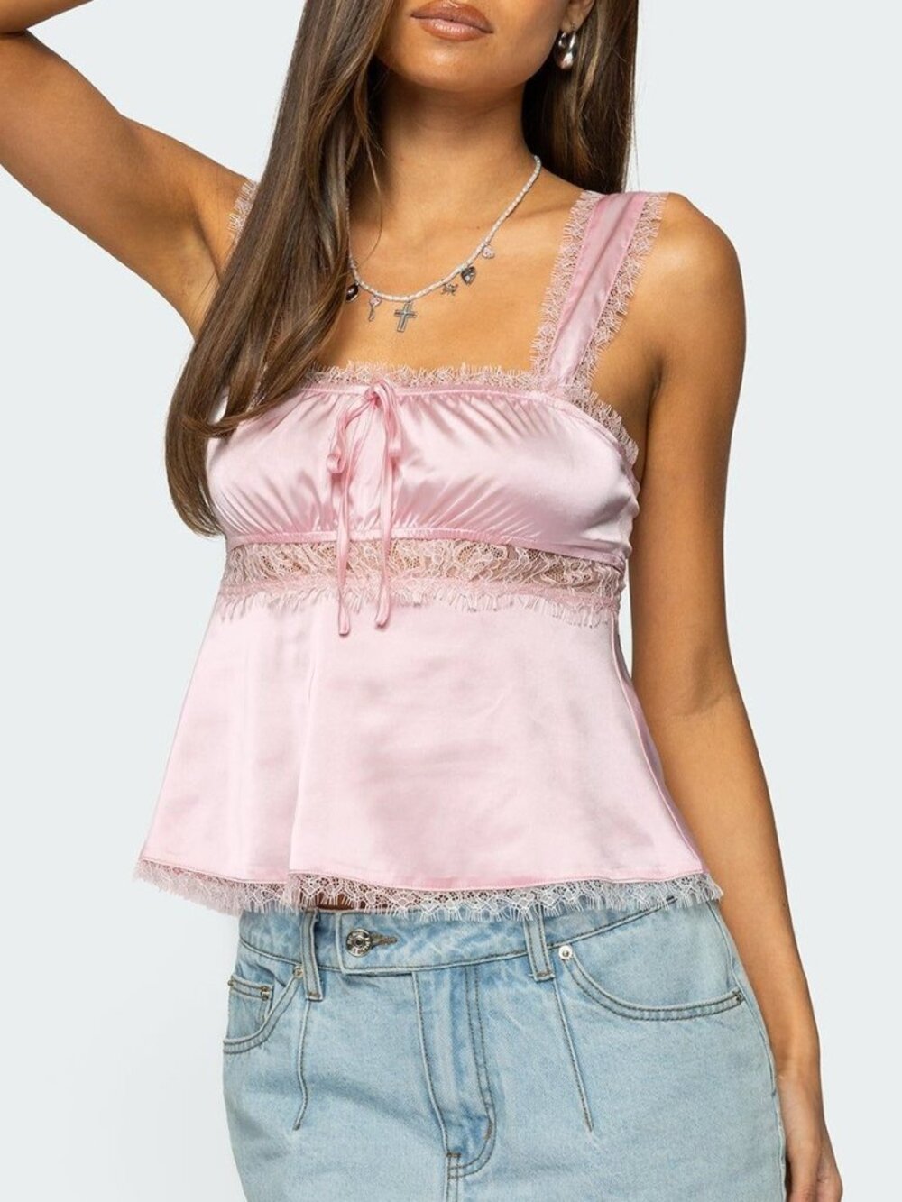 Edikted Pink Satin Lace Babydoll Cami Top S